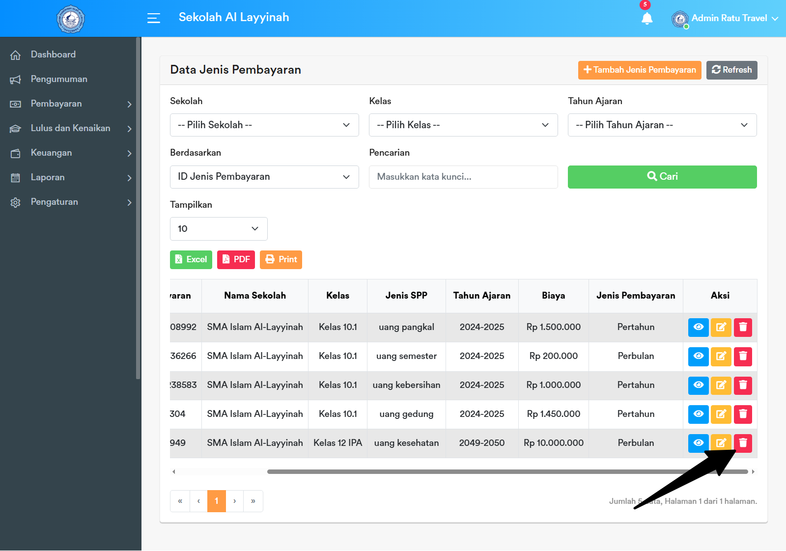 Tombol Hapus Jenis Pembayaran